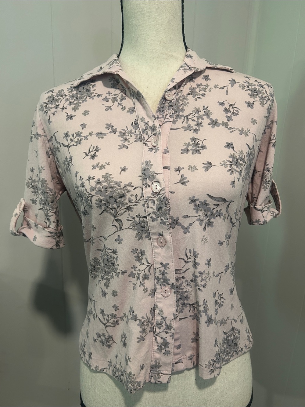 Vintage Women's Floral Button-Front Top - Light Pink